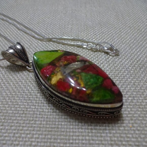 Colorful OYSTER TURQUOISE Handmade Sterling 925 Pendant/Chain #356C - Picture 1 of 3